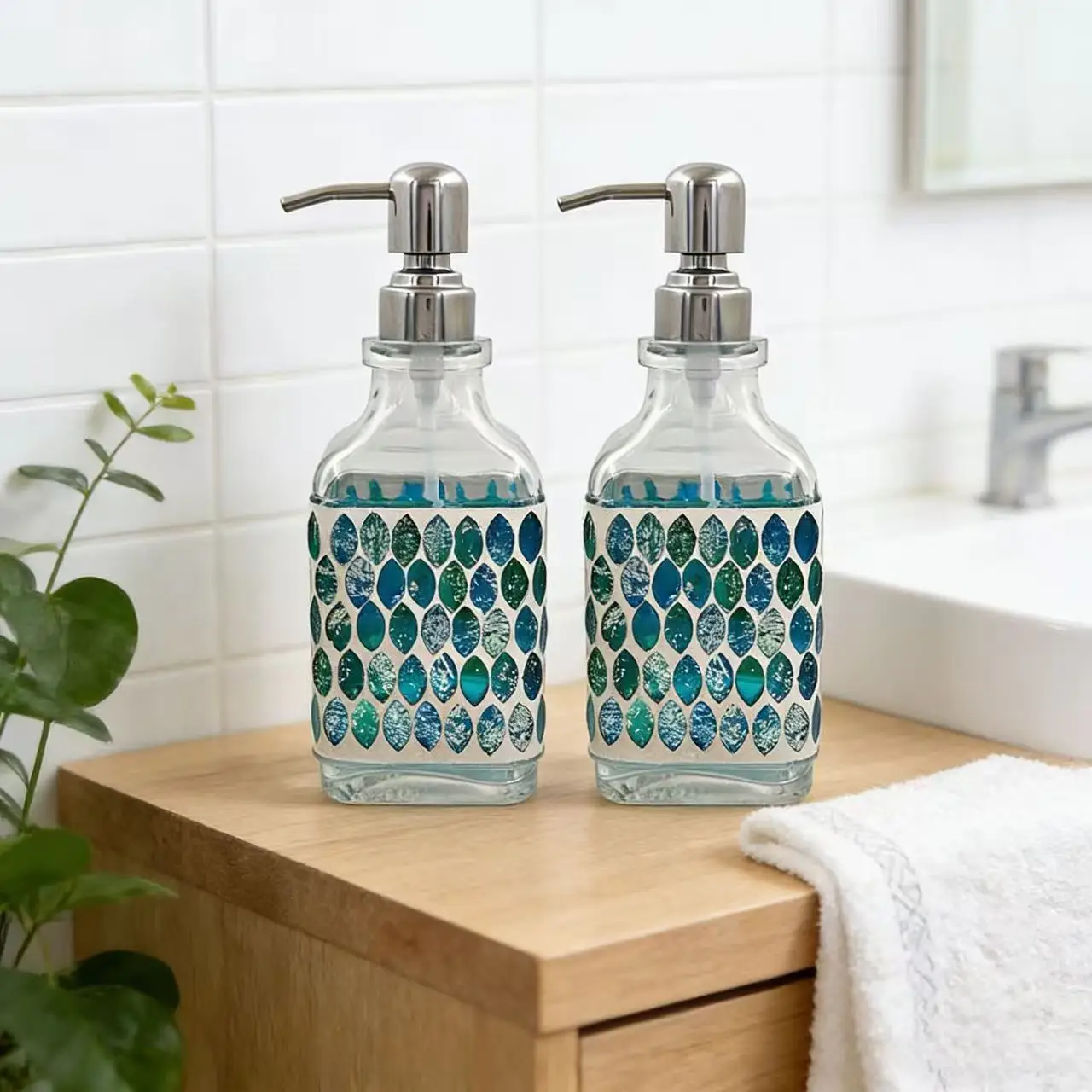 

Mosaic Glass Soap Dispenser 2 Pack, Rustproof 304 Stainless Steel Pump Refillable Hand Soap Dispenser for Bathroom Kitchen Decor