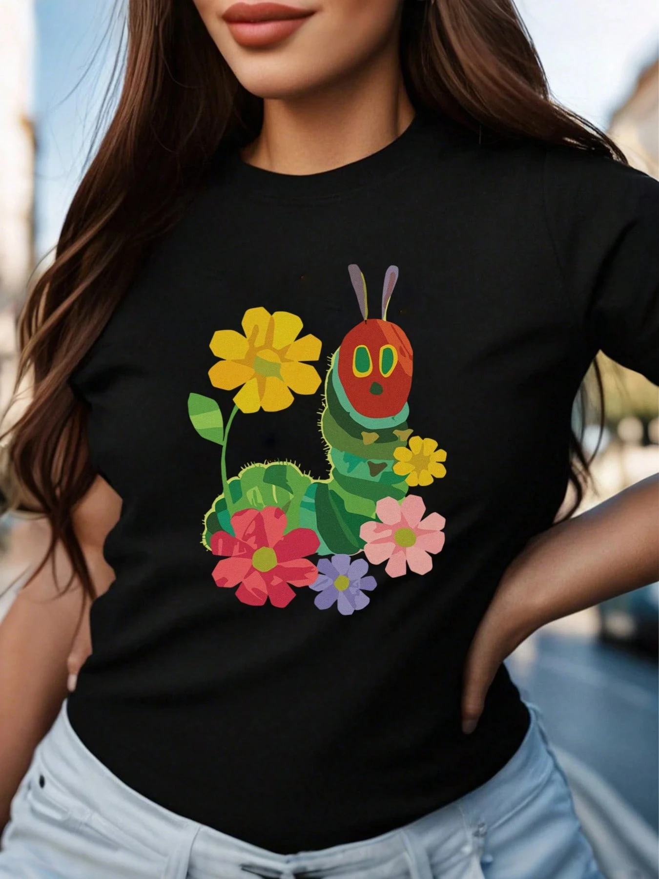 

Женская футболка больших размеров с цветочным принтом и гусеницами, хлопковая дышащая модная и универсальная уличная одежда унисекс большого размера