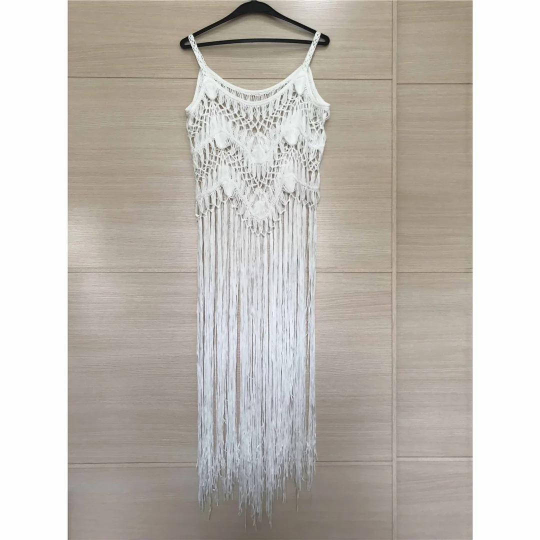 3 Farben, ausgestelltes, mit Fransen und Quasten versehenes, gestricktes, gehäkeltes Tunika-Strandkleid, Strandkleid, Strandmode, Damen V3847 – Detail 31