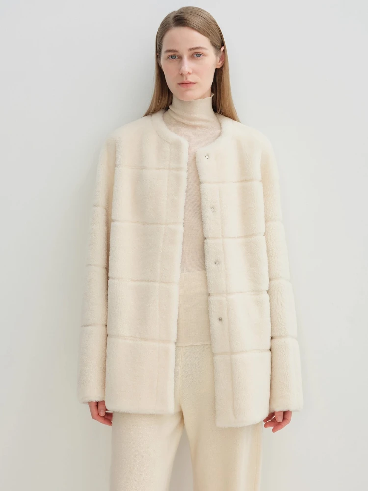 الراقية الفاخرة ميرينو الأغنام الفراء امبسوول الستر للنساء 2025 جديد بسيط س الرقبة فضفاض الشتاء جلد طبيعي معطف الفرو الحقيقي