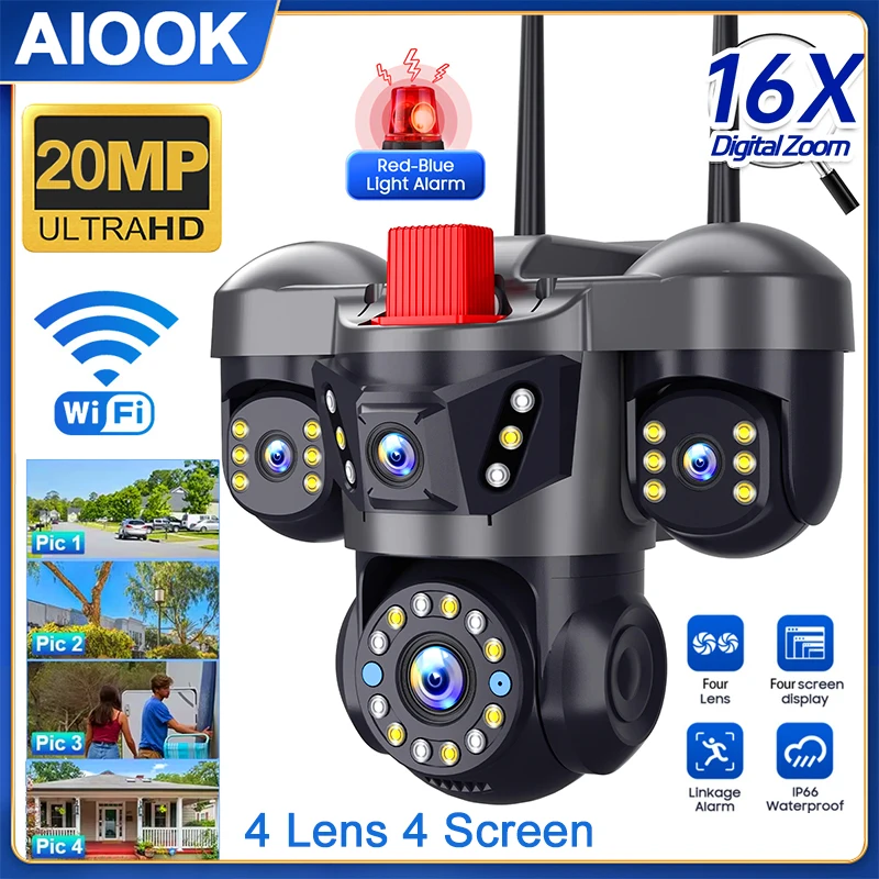 

AIOOK Hieasy Camera 4 Lens HD 20MP Outdoor Wifi Camera Night Vision Mobile Tracking PTZ IP CCTV Smart Alarm Two Way Intercom