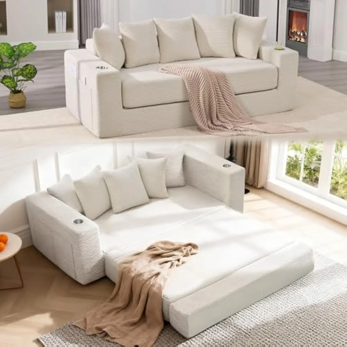76 Inch Modular Floor Sofa Bed in Beige Corduroy Fabric Featuring Dual Cup Holders Adjustable Lounge Configuration Spacious Pull