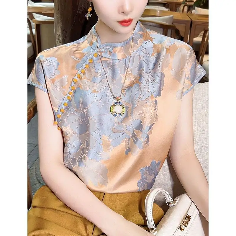 Silk Women\'s Shirts Summer 2023 New Print Chinese Style Blouses Loose Short Sleeve O-Neck Top Satin Elegant Clothing