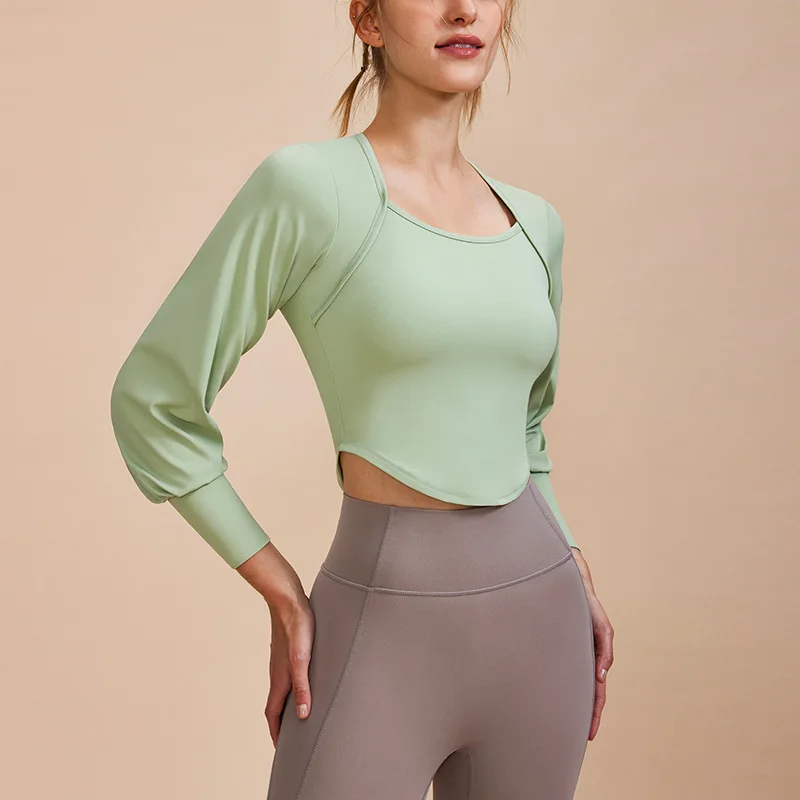 Camisas femininas de ioga estilo corte francês, camisas esportivas, mangas compridas, moletons de corrida finos, bainha curvada para meninas, tops de ginástica, blusa