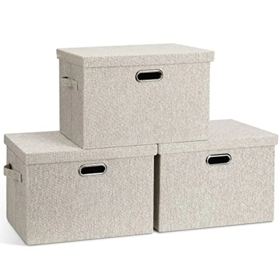 

Large Quart Collapsible Stackable Storage Bins with Lids, 3 Packs Linen Fabric Closet Boxes with Lids, Storage Cube Baskets Con