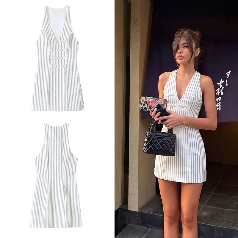 Image of Guobioziy 2026 Neues Damen-Minikleid mit Streifenmuster, A-Linie, ärmellos, V-Ausschnitt mit gewebten Knopfakzenten, Y2K Hot Girl Sommerkleid