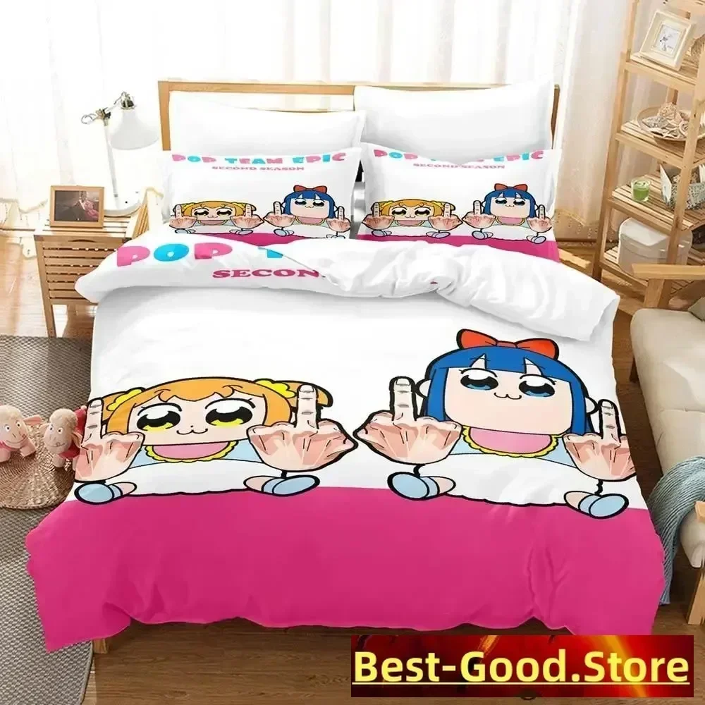 Juego de Ropa de Cama Pop Team Epic, Funda Nórdica, Sábana Estampada, Juego de Almohadas, Edredón para Cama Matrimonial, Queen, King Size