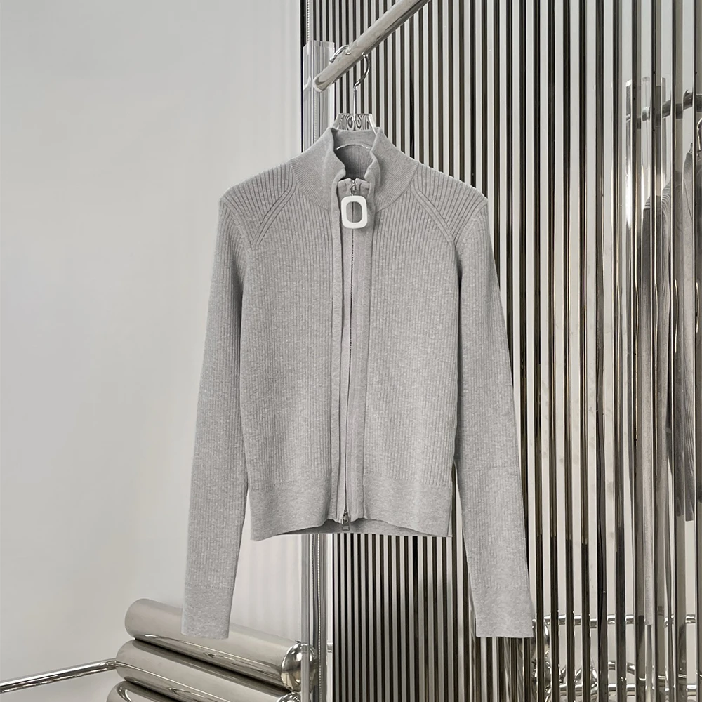 

Resin Square Buckle Zipper Decoration Women's Cardigan, Elegant Commuting High Neck Long Sleeve Knit Top Sweater New 2025