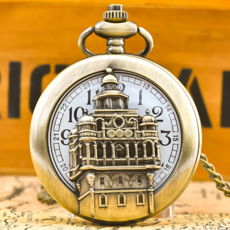 빈티지 청동 Steampunk 성 조각 된 석영 주머니 시계 목걸이 펜던트 시계 체인 남성 여성 체인 선물