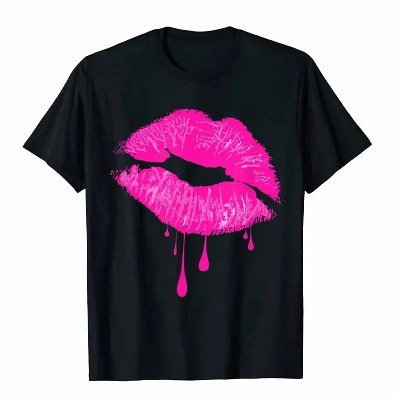 Hot Pink Lips Kiss Retro Vintage Lipstick Party T-Shirt For Men Party Tops T Shirt Oversized Personalized Cotton Round Collar