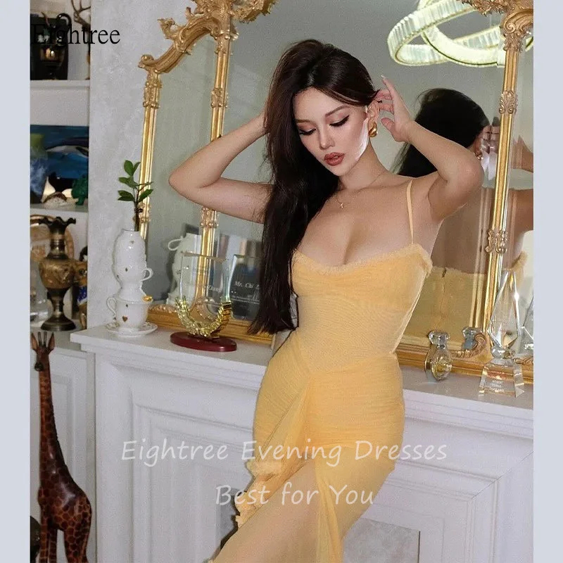 Eightree Yellow Prom Gowns Sweetheart Neck Formal Party Gown Multiple Folds Chiffon Evening Dress vestidos de fiesta Customized