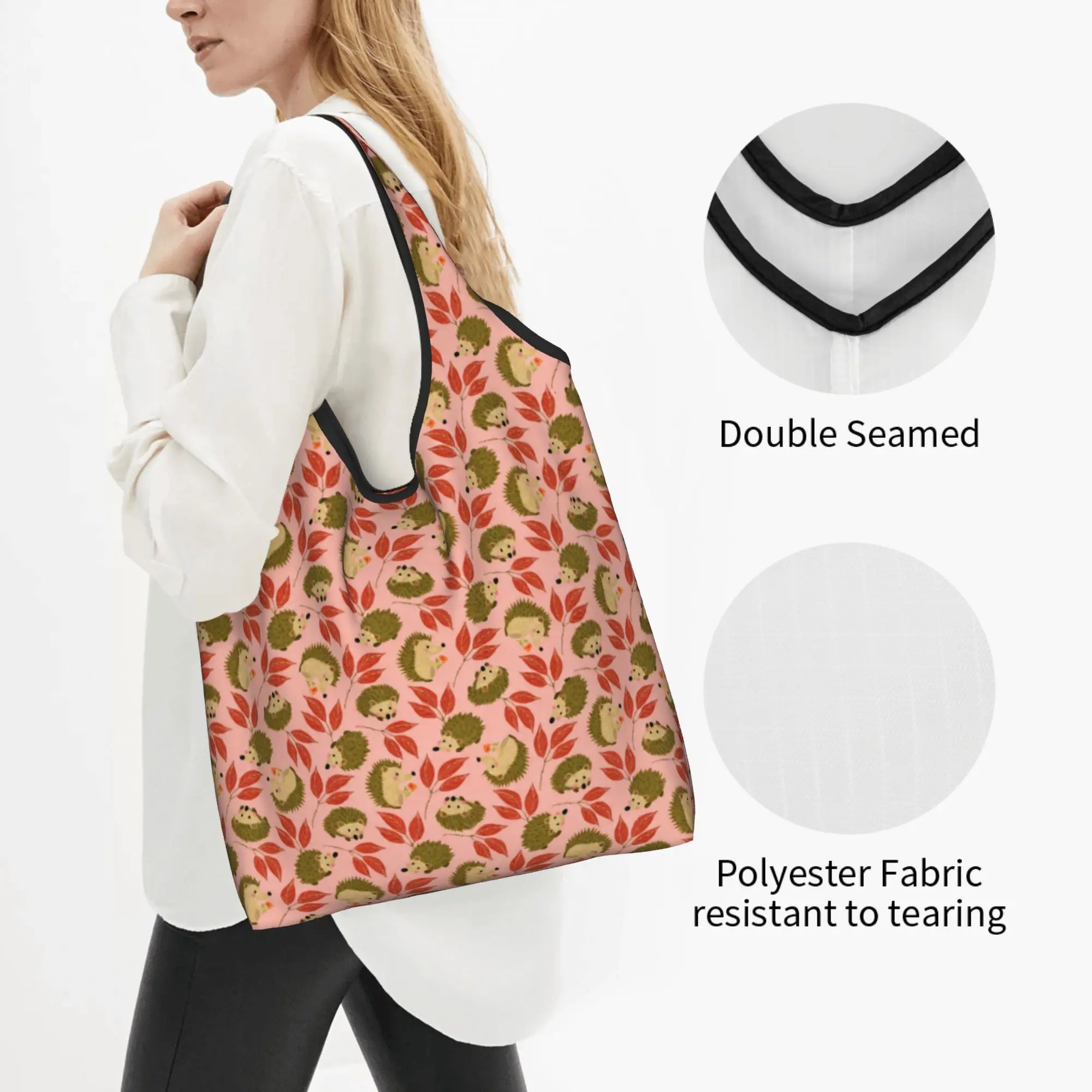 Recycling Cute Woodland Hedgehog with Red Leaves on a Pink Shopping Bag Tote Bag Portable Red Leaves Pink  Grocery Shopper Bags