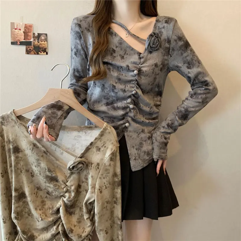 

Vintage Irregular Pullovers 2024 Spring Autumn Stylish Floral Folds Button Women's Clothing Tie Dye Elegant Skew Collar T-shirt