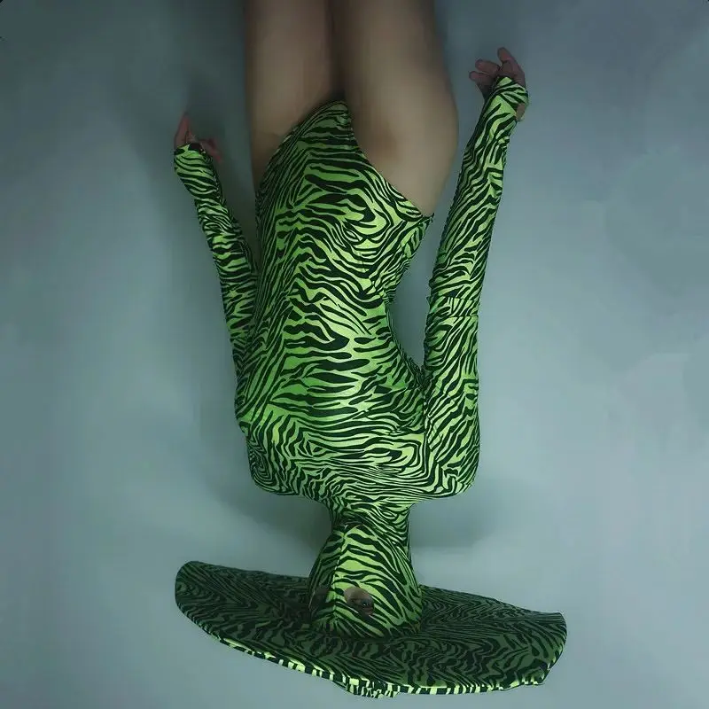 

Green Black Zebra Stripes Bodysuit Sexy Gogo Costume Women Nightclub Dj Ds Performance Leotard Dancer Rave Clothes Outfit