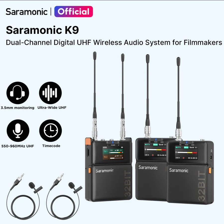 Saramonic K9 Professional Dual Channel Digital UHF Wireless Lavalier Lapel Microphone 32-Bit Float Timecode APP for Filmmaker