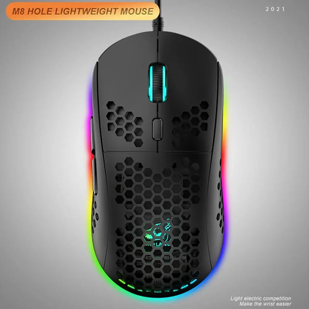 M8 초경량 유선 게이밍 마우스, 경량 벌집 모양 쉘, 6 RGB 호흡 백라이트 마우스, Win Xbox PS4 Mac HP용 6400 DPI USB 