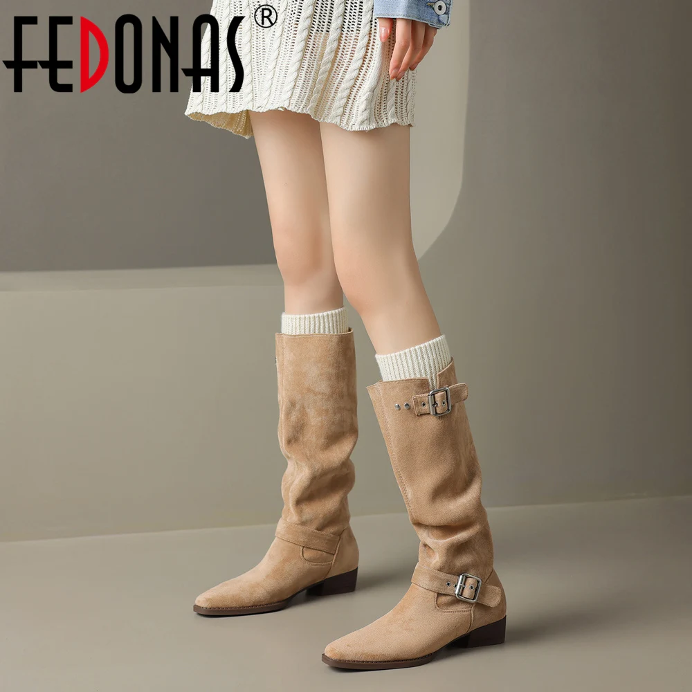 

FEDONAS New Women Knee-High Boots Autumn Winter Thick Heels Fashion Belt Buckle Shoes Woman Elegant Office Lady Party High Boots