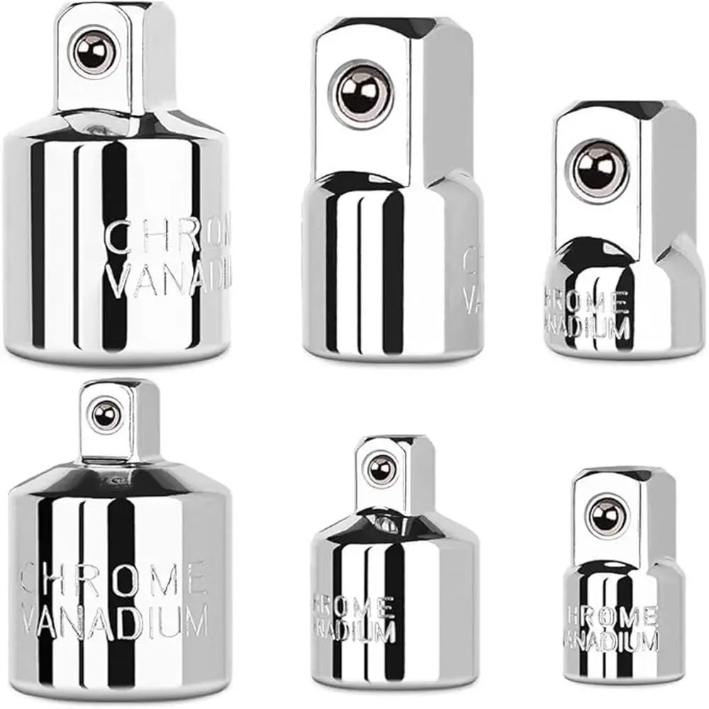 ชุดอะแดปเตอร์และตัวแปลงขนาดหัวบล็อก 6 ชิ้น - 1/4 นิ้ว 3/8 นิ้ว 1/2 นิ้ว ผลิตจากเหล็กโครเมียมวานาเดียม สำหรับประแจวงล้อ/ตัวต่อหัวบล็อก/ชุดแปลง สำหรับงานยานยนต์