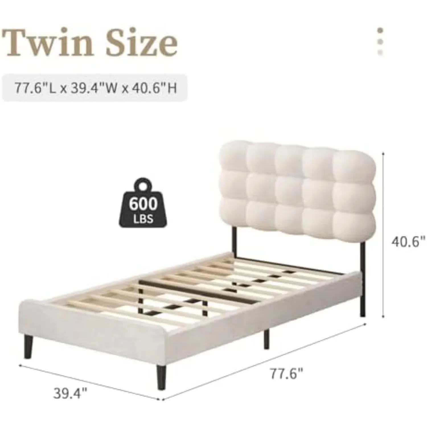 Twin Bed Frame, Soft Cloud Boucle Headboard, White | A removable headboard creates two bed configurations. Metal legs image 2