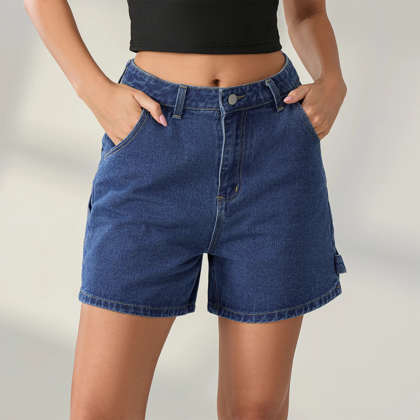 

Summer Solid Color Short Denim Pants Women Fashion High Waist Streetwear Denim Shorts with Pockets