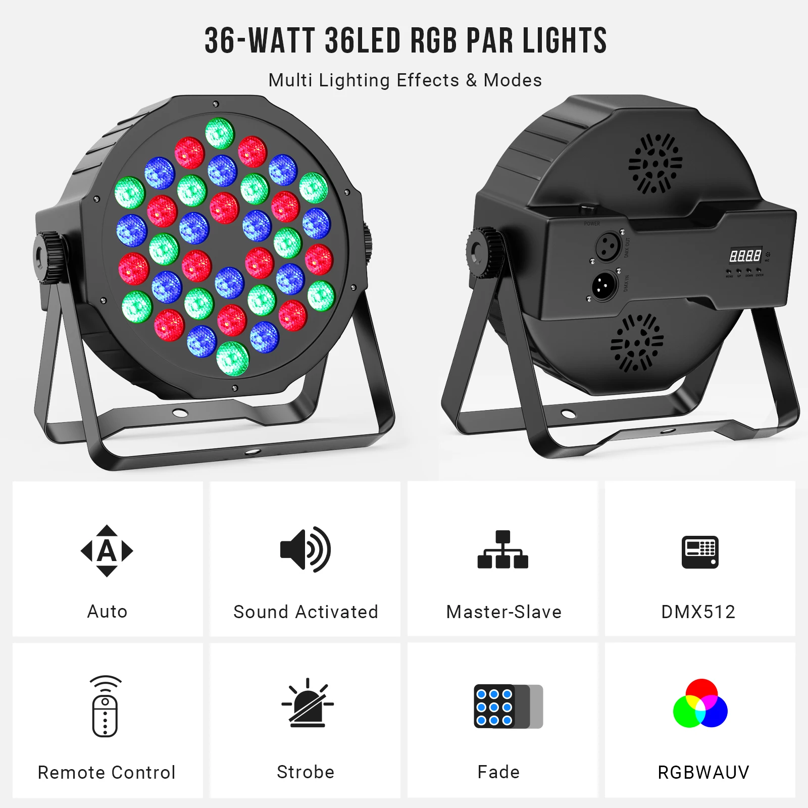 

4Pack 36LEDs RGB Stage Par Lights DMX Control Uplights for Events DJ Music Dance Party Wedding Church Bar Club Stage Lighting