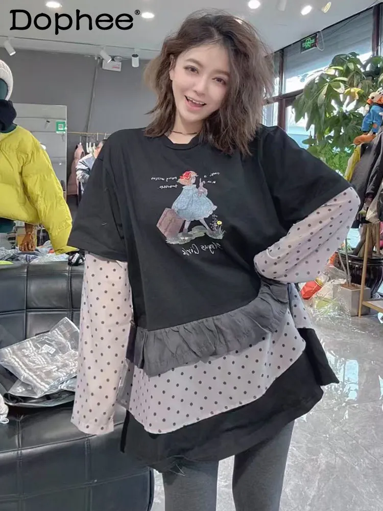 

Новая весенняя футболка 2026 года с рюшами и мультяшным принтом, с круглым вырезом, длинным рукавом, свободного кроя, повседневная, универсальная, для девочек