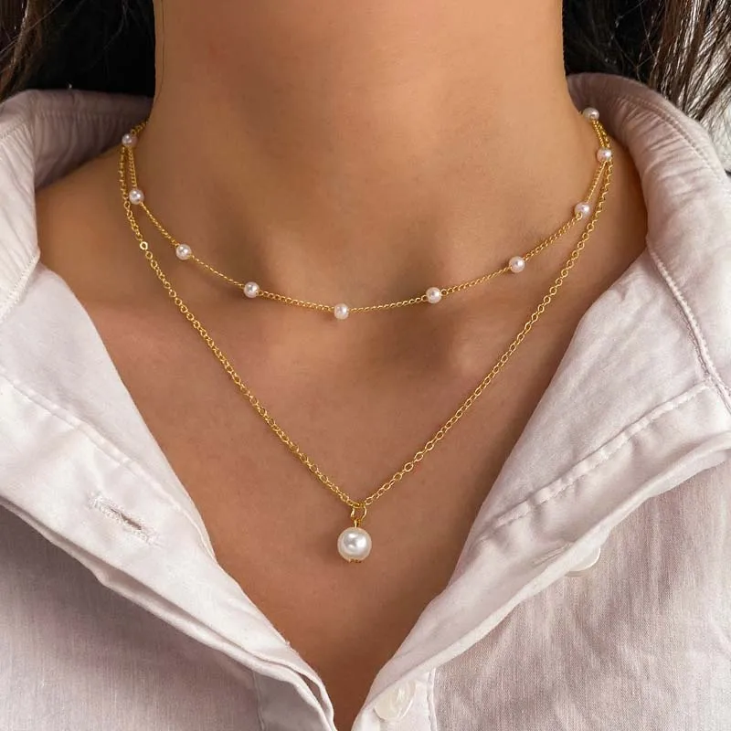 2024 New Fashion Gold Color Pearl Choker Necklace For Women Girl Simple Double Layer Neck Chain Necklace Jewelry Gift