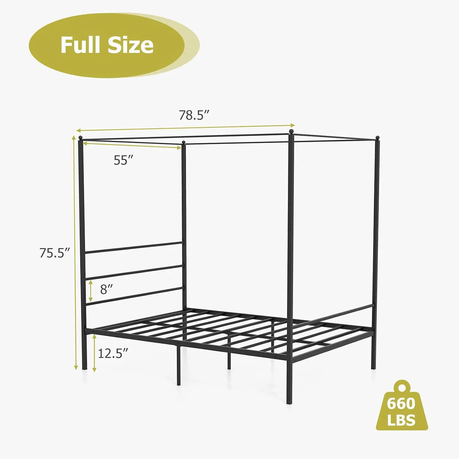 Metal Canopy Bed Frame, Modern 4-Poster Platform Bed Frame with Headboard, Mattress Foundation with Steel Slat, Customized
