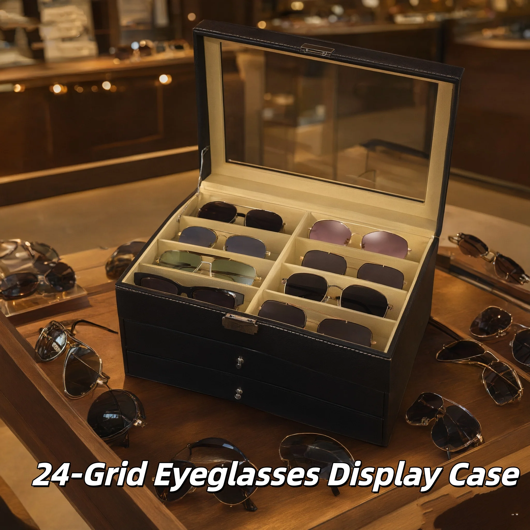 3-Tier 24-Grid Black Eyeglasses Display Case, Large Capacity Sunglass Organizer Box with Velvet Lining, Jewelry Storage Drawer for Home or Shop Use