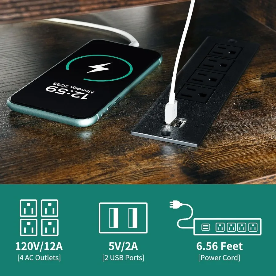 مكتب على شكل حرف L مع منافذ طاقة مدمجة وإضاءة LED محيطة لإعداد المكاتب المنزلية ومحطة عمل كمبيوتر زاوية 67 بوصة F