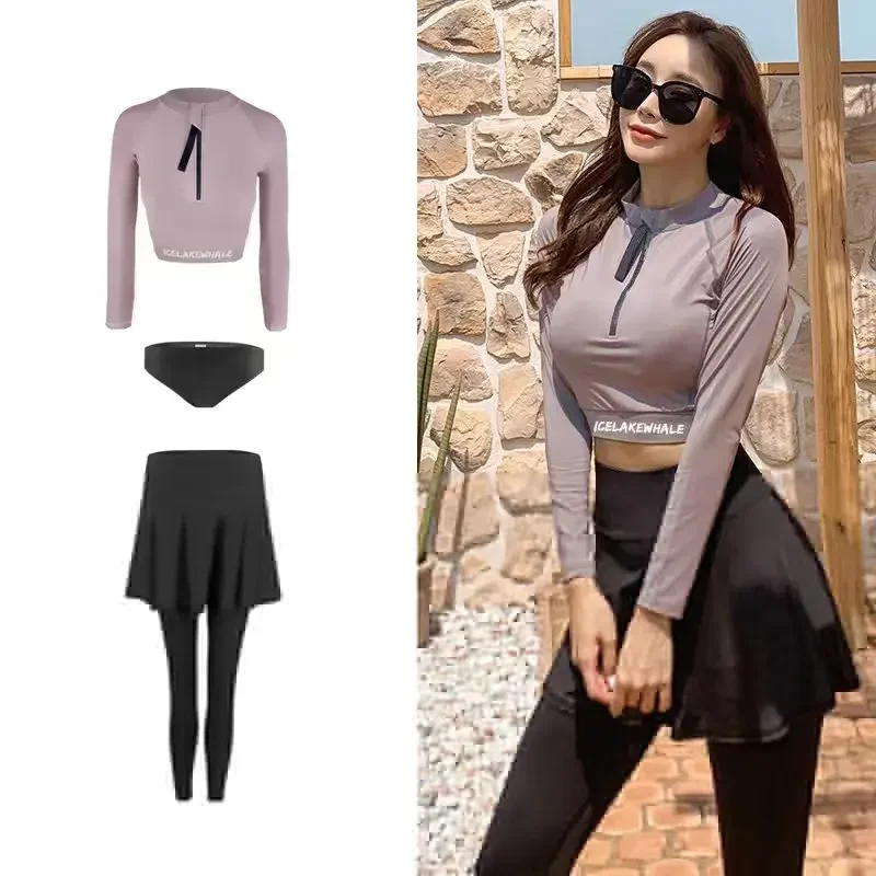 

2025 Women Split Swimsuit Solid Swimwear Long Sleeve Rash Guard Sun Protection Bathing Suit Padded Korean Style Surfing Swimwear