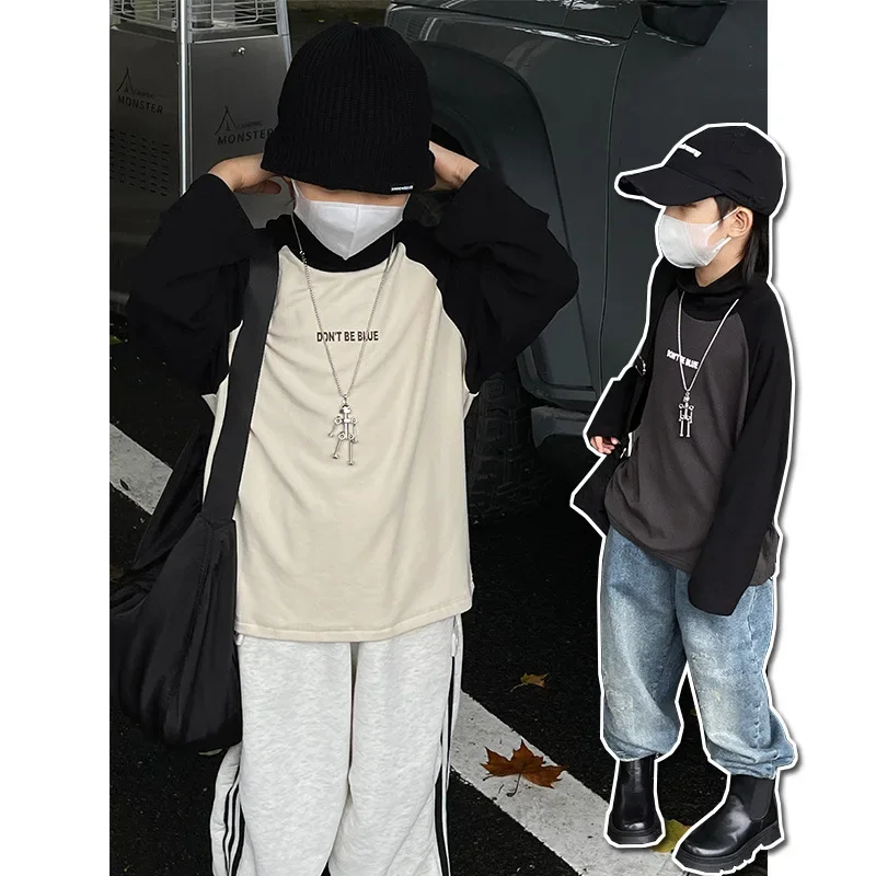 

Children Clothing Boys Fall and Winter Fleece Undercoat New Children Winter Korean Style High Neck Long Sleeve with T-shirt