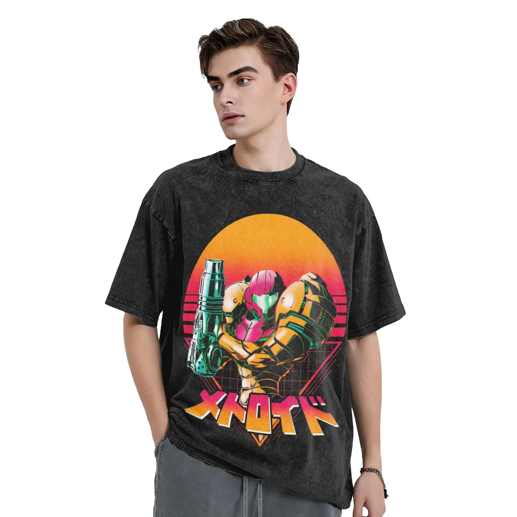 Crazy Metroids Hero Game Samus T-Shirt Men Round Collar Pure Cotton Washed T Shirts  Short Sleeve Tee Shirt Big Size Clothes