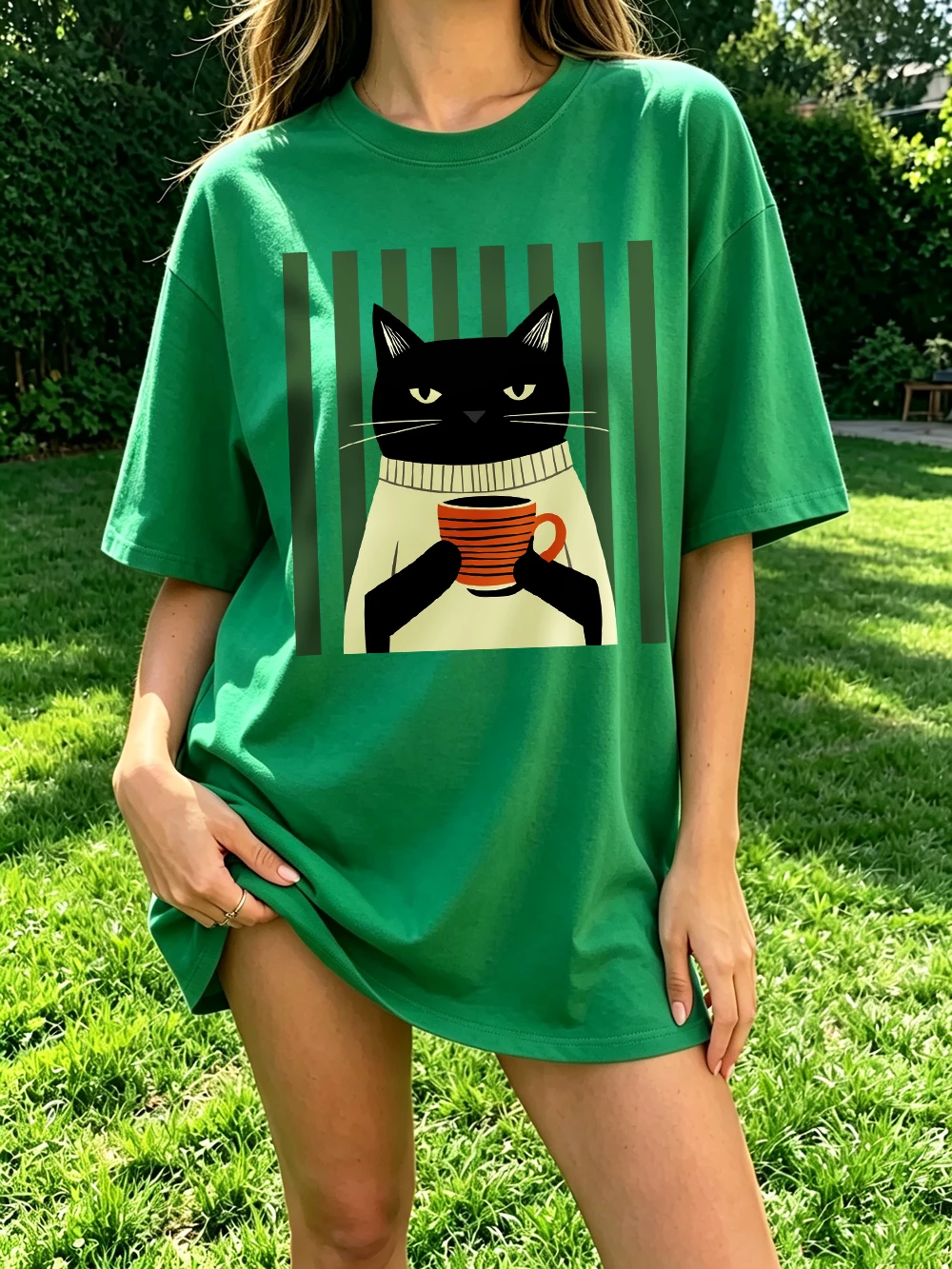 Schwarze Katze Kaffeetassen-Druck Baumwoll-T-Shirts Damen Sommer Oversized Tops Lässige Weiche Kurzarm-T-Shirts Basic O-Ausschnitt Kleidung – Detail 25