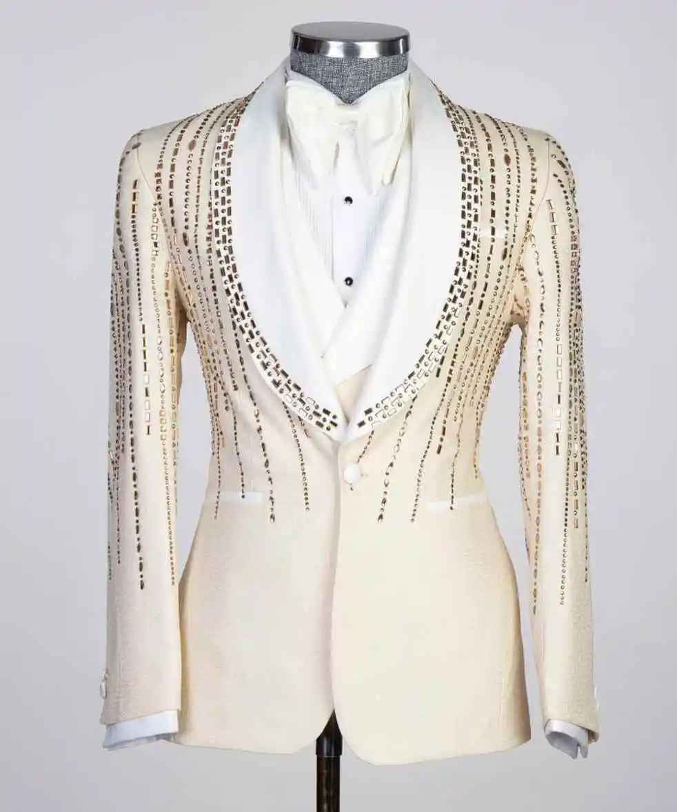 

Luxury Prom Men Suit 3-Piece Gold Beaded Crystal Single Breasted Groom Wedding Tuxedos Party Male Blazers Business Customized