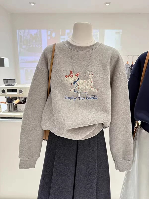 

Женская толстовка больших размеров с забавной мультяшной вышивкой, осенне-зимняя, в корейском стиле, свободная, повседневная, на флисовой подкладке, с круглым вырезом, с длинными рукавами
