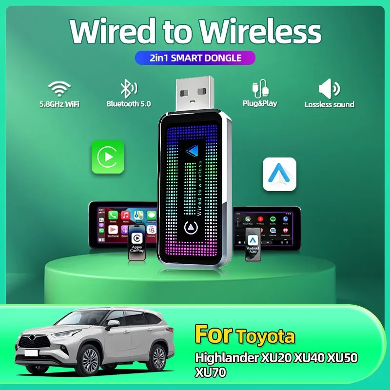 

Беспроводной адаптер Android Auto, новинка 2025 года, мини-коробка 2 в 1, ключ для Apple Carplay Dongle для Toyota Highlander XU20 XU40 XU50 XU70