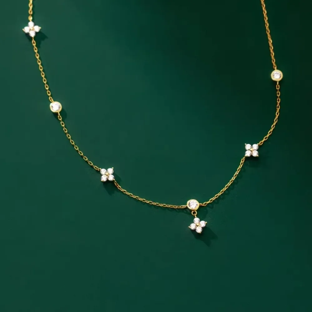 Temperament Trend Four Leaf Zircon Flower Pendant Necklaces for Women Exquisite Stainless Steel Chokers Jewelry Anniversary Gift