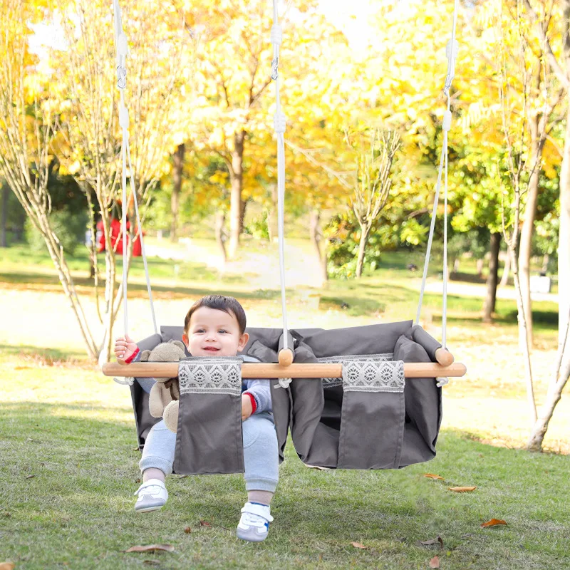 

Twins swing toddler wooden baby swing Hanging wood Children Camping Cotton Baby Cradle Swing chair Padded Bouncer