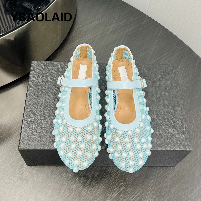 

2024 New Arrival Pearl Decor Mesh Hollow Out Flats Shoes Round Toe Buckle Belt Mary Jane Shoes Women Comfort Casual Ballet Shoes