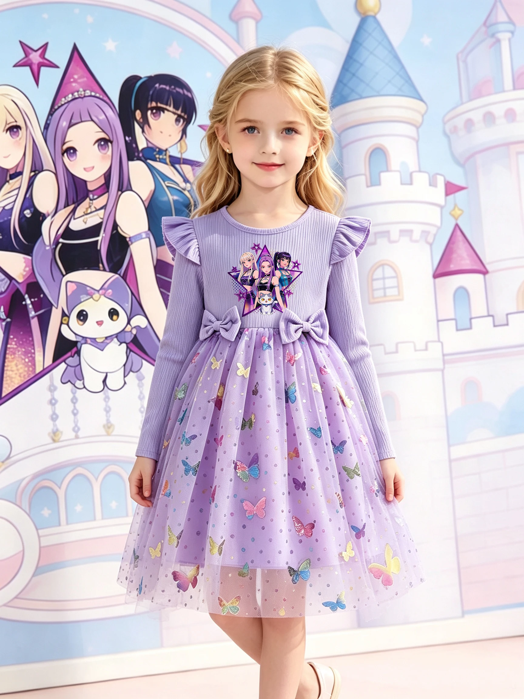 Herbstliches Cartoon-Kleid für Mädchen, langärmeliges Kleid mit Rippstrick, Tüllrock mit Pailletten-Schmetterling, süßes Prinzessinnenkleid für kleine Mädchen. – Detail 3