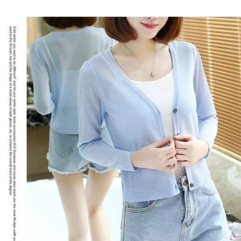 

Spring Summer Women's Fashion Knitted V-Neck Cardigan Casual Comfortable Breathable Soft Office air conditioning Sweaters for W