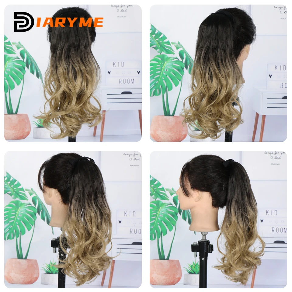 Synthetic Ombre Ponytail Extensions Long Wavy Silk Strap Ponytail Fake Hair Pigtail Clip-in Hair Extensions Pony Tail Heat-Resis