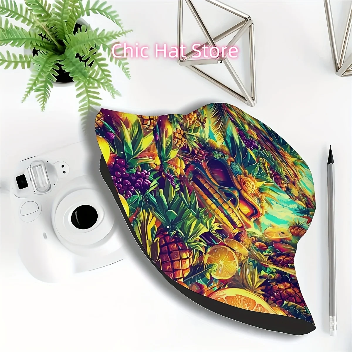 1pc Tiki Mask & Tropical Fruit Bucket Hat - Wide Brim, Hawaiian Tropical Print with Pineapple, Palm Leaves - Lightweight Hat for