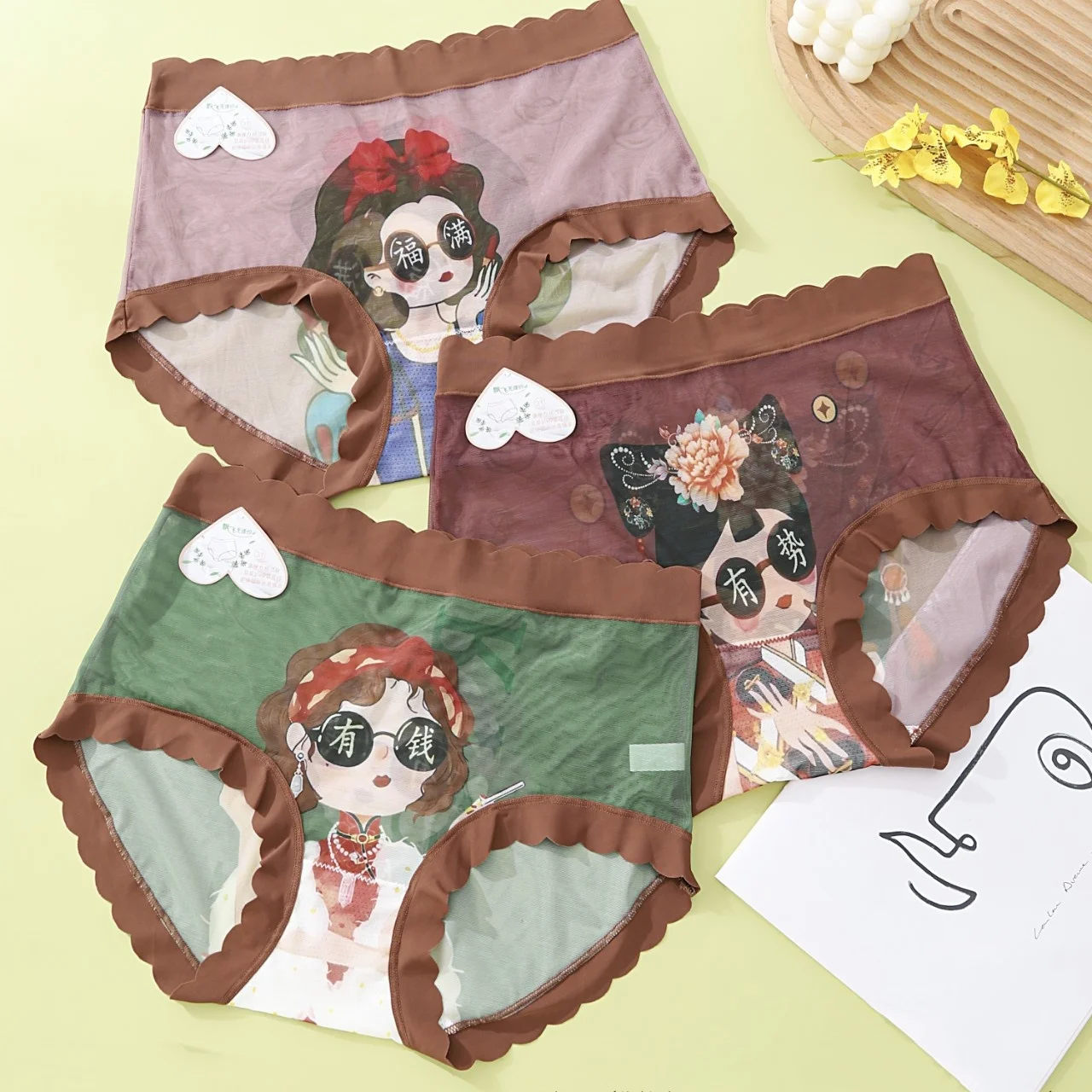3PCS/Set Women\'s Panties High Waist Mesh Sheer Breathable No Trace Cartoon Print UnderwearPlus Size 5XL Female Underpants