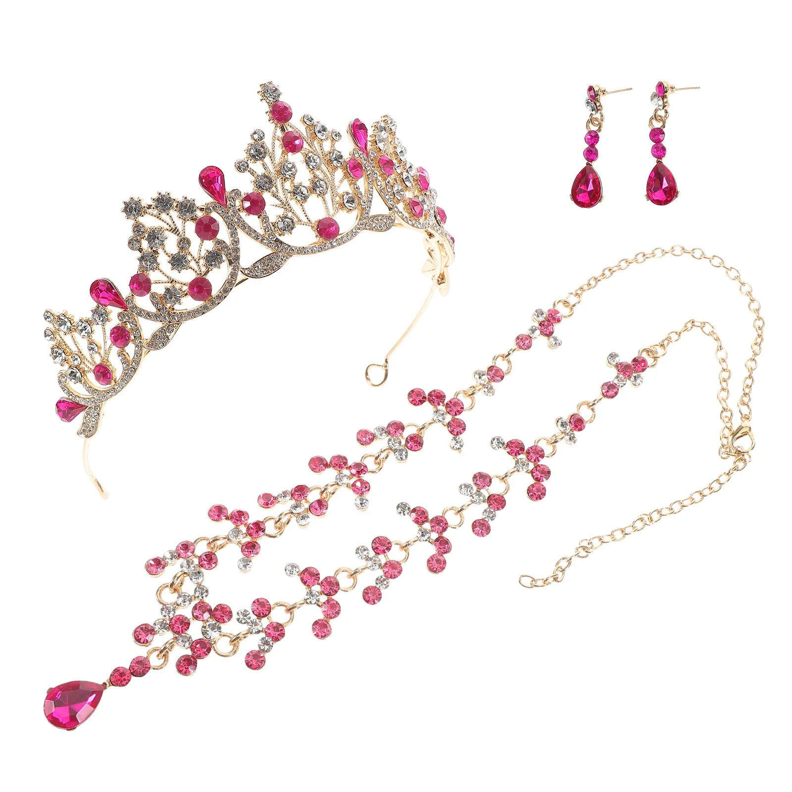 

Bridal Jewelry Wedding Tiara Rhinestone Earrings Costume Accessories For Party Cosplay Queen Crown Pink Necklace Set Women