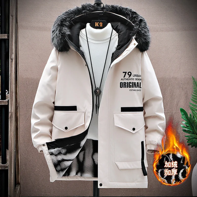 Winter New Fashion Trend With Thick Velvet and Warm Long Cotton Jacket For Men's Casual Loose Sports Plus Large Hooded Jacket