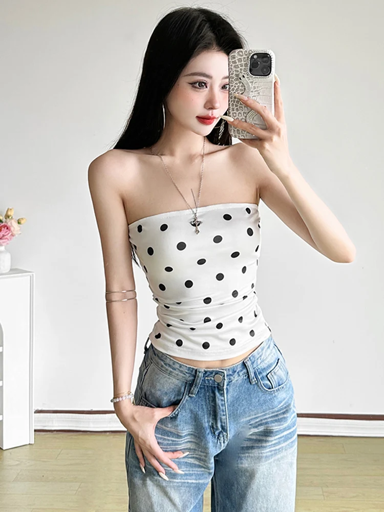 웨이어드 퍼스 펄 걸 퍼스널리 프린트 튜브탑 베스트 여성 슬림핏 다용도 트렌디 폴리에스터 스판덱스 혼방