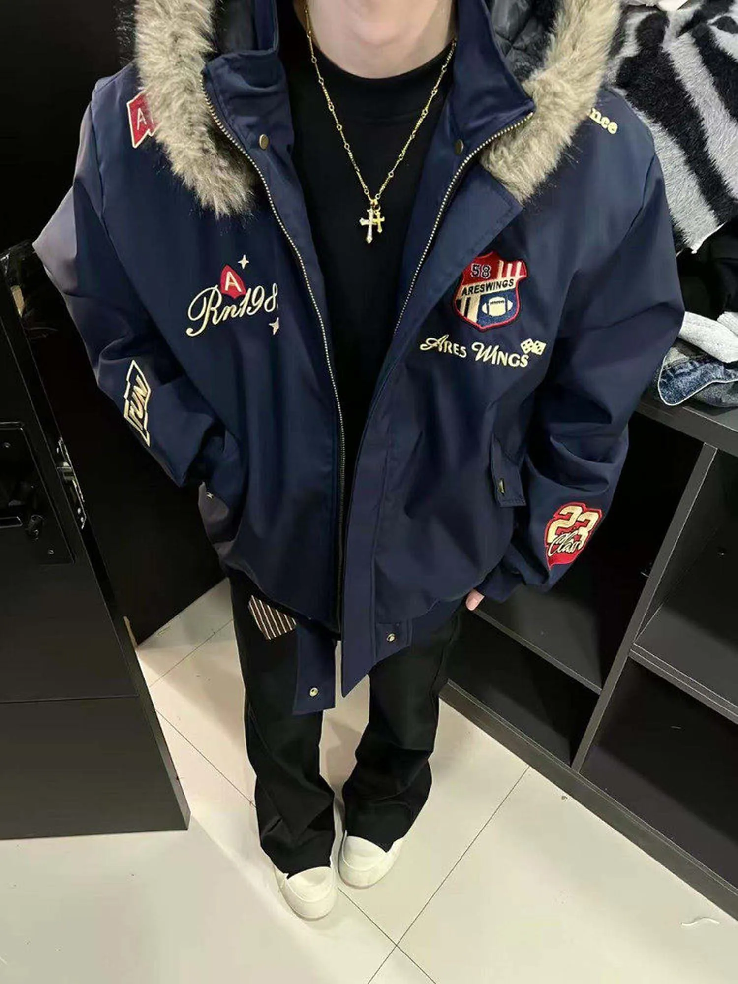 

Thiened Warmth Cotton Jaet American Retro Embroidery Eagle oulder Patch Fur Collar Parka Coat for Youth Daily Wear