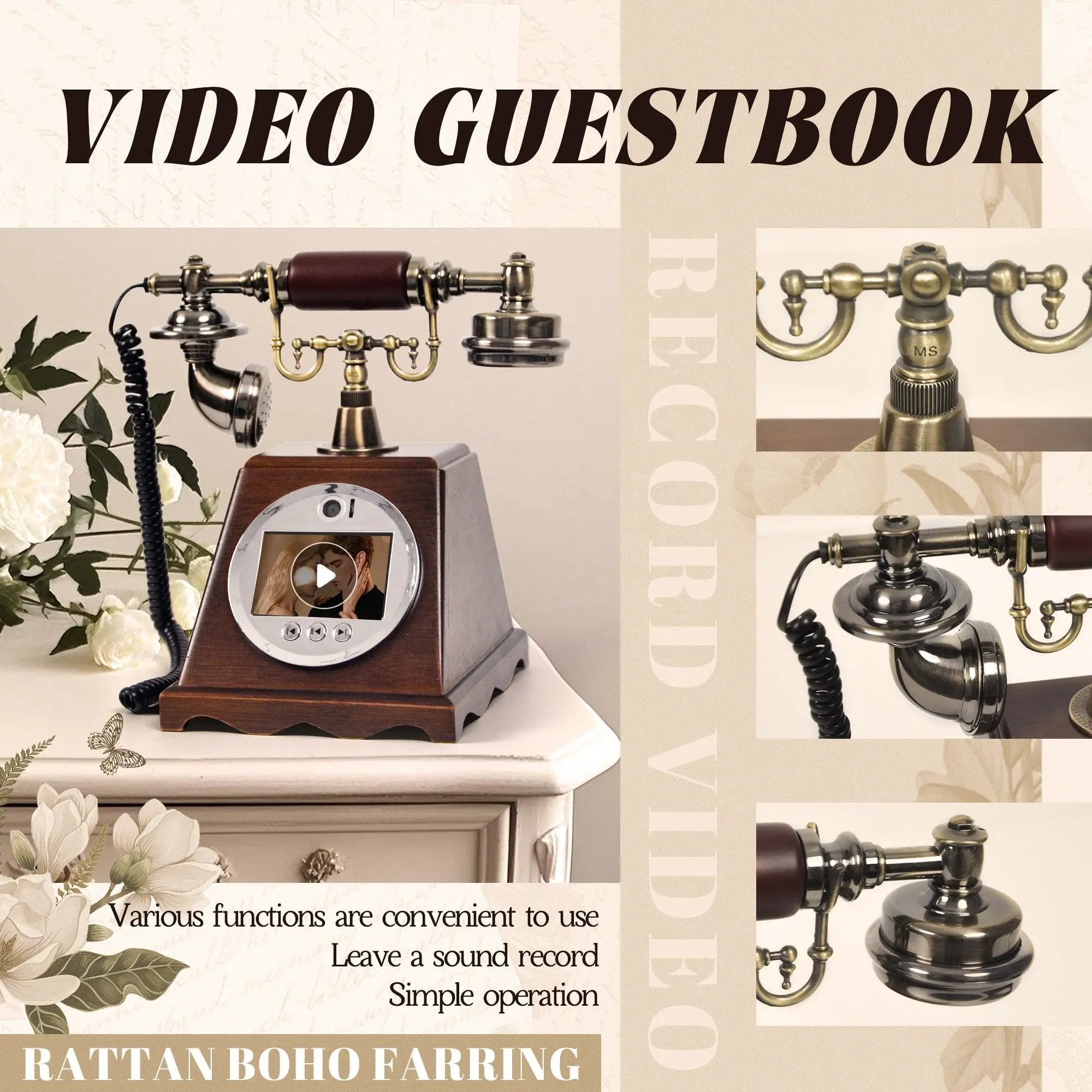 New Arrival Walnut Antique Telephone Video Guestbook Phone Vintage Wedding Message Machine Photobooth For Wedding Party Event view 5